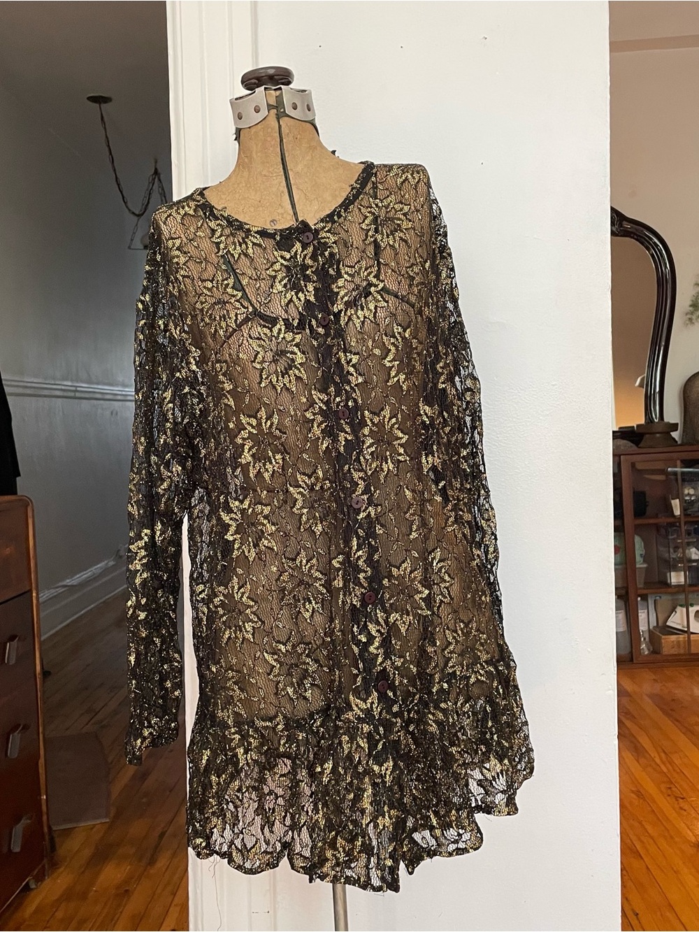 Sheer Black Lace Tunic with Gold Floral Embroidery